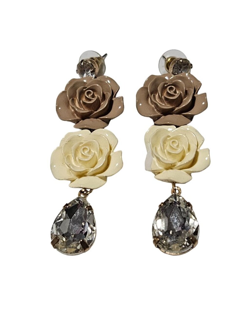 Carved Rose Drop Earrings Rhinestone Teardrop Brown Cream Romantic Coquette